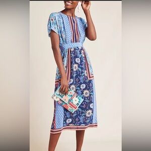 Anthropologie Floral Patchwork Midi Dress - Blue and Navy